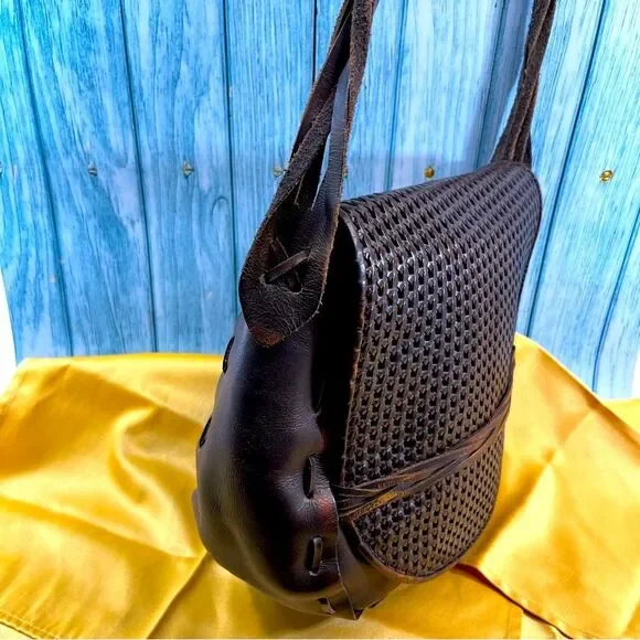 Patricia Nash Leather Woven Large Flap Saddle Crossbody Handbag Boho Purse